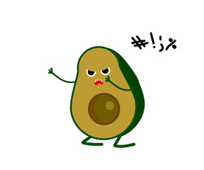 Angry avocado on a white background. Cartoon. Vector illustration.