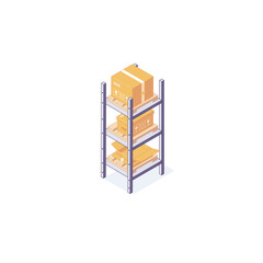 Isometric warehouse boxes equipment rack pallets and shelf. 3d box pallets shelving racking vector illustration