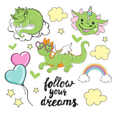 Set of green dragons and the inscription follow your dreams on a white background isolated. Birthday collection