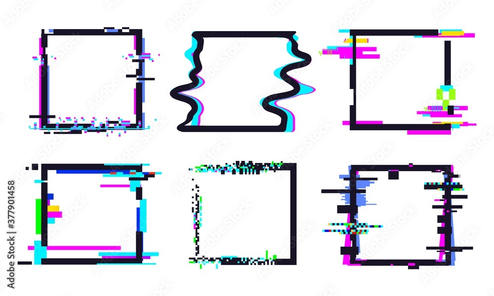 Poster glitch square frame. square template shape colorful, dynamic glow pixel defect illustration vector. 