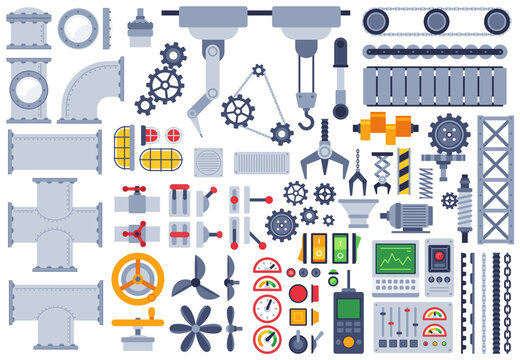 Flat machinery. Auto construction different mechanism, technical gears, pinion, shaft, joints, factory equipment machine parts vector set. Illustration machinery industry, equipment and engineering
