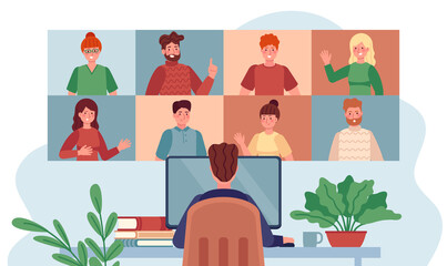 Virtual meeting. Man chatting with group people, online meetings remote working during coronavirus, internet webinar flat vector concept. Illustration video call, web discussion teamwork