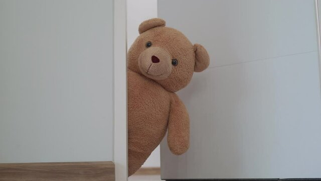 Background for kids play Teddy bear, brown hair standing behind the wall. Hide the secret of children