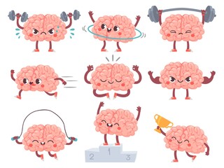 Brain and sport. Comic brains sports activities, training achievements iq metaphor, mental exercise, fitness cartoon vector characters. Sport brain character, workout and train illustration