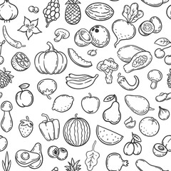 Fototapeta na wymiar Vegetables and fruits. Hand drawn contour fruit and vegetable icons, vegan lifestyle, healthy organic food, doodle vector seamless pattern. Contour fresh citrus carrot, kiwi and cabbage illustrations