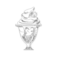 Ice cream sketch. Isolated vector ice cream scoops in glass bowl, eskimo pie in chocolate glaze, sundae in wafer cone, frozen fruit ice for cafeteria, restaurant menu