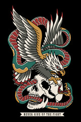 Fototapeta na wymiar Eagle Fighting with Snake on a Skull Traditional Tattoo Style Illustration Print for Apparel and Other Uses