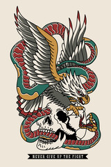Eagle Fighting with Snake on a Skull Traditional Tattoo Style Illustration Print for Apparel and Other Uses White Base