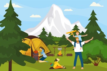 Summer camp on nature, in forest, vacation with tent, adventure vector illustration. Family camping, cooking in campfire, playing with children. Tourism, recreation for families with kids on holiday.