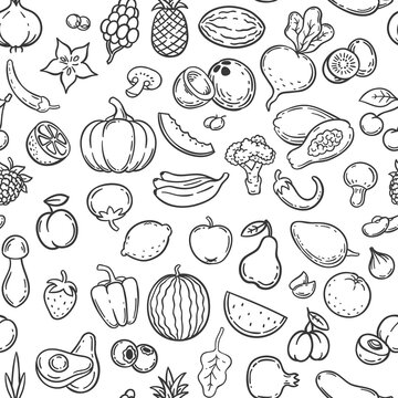 Vegetables and fruits. Hand drawn contour fruit and vegetable icons, vegan lifestyle, healthy organic food, doodle vector seamless pattern. Contour fresh citrus carrot, kiwi and cabbage illustrations