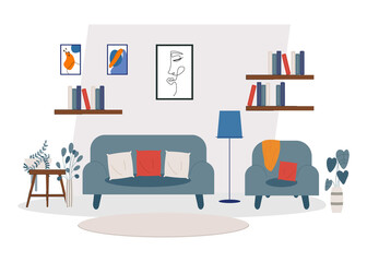 Cartoon flat living room interior vector illustration modern style 