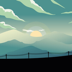 fence silhouette in front mountains with sun vector design