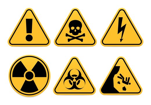 Danger signs. Safety symbol, alert icon and caution isolated, hazard and dangerous vector illustration. Exclamation warning button