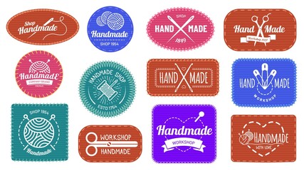 Handmade badges logo, graphic logotype tag label, quality handmade company, craft tailor and sewing, vector illustration