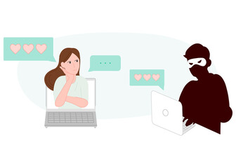 Fototapeta na wymiar Scammer on dating site cheating girl vector illustration cartoon flat design modern style 