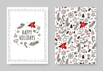 Hand drawn winter holidays card. Xmas decoration drawing vintage poster banner on invitation cards with pattern and xmas elements illustration