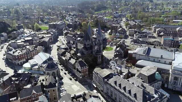 Aerial footage of Saint Remacle church in Spa is a Belgian town located in Province of Liege and situated in a valley in the Ardennes mountains southwest of Aachen it is a popular tourist destination