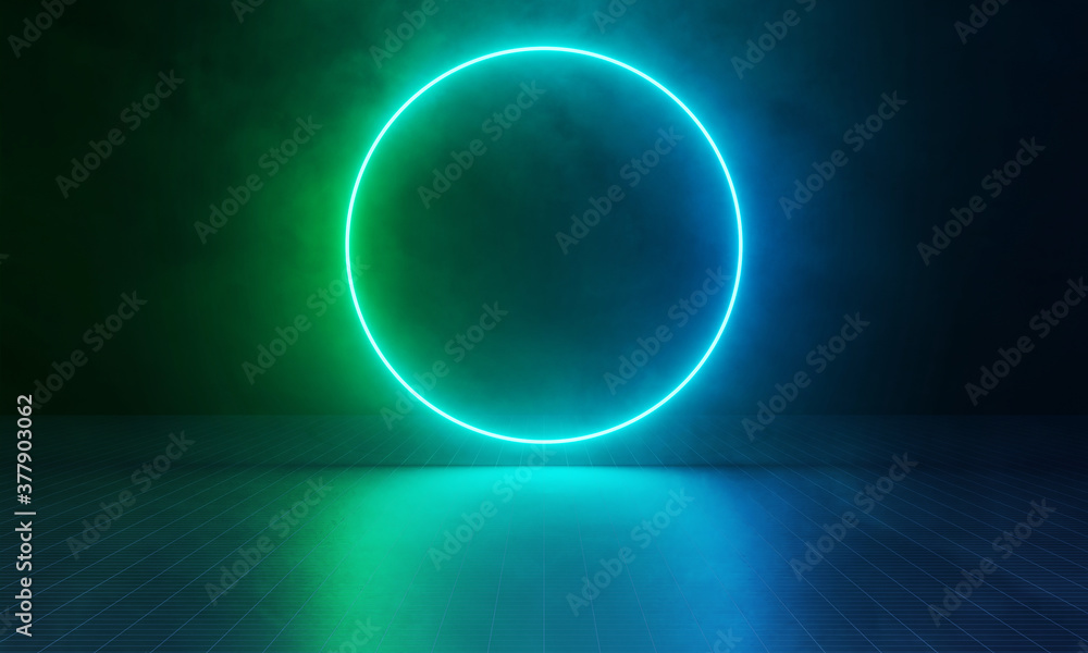 Aufkleber 3d rendering of glowing led ring green and blue color in foggy mist environment and reflection on gl