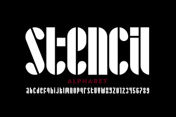 Stencil style font, alphabet letters and numbers vector illustration
