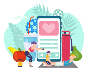 Training at home concept, fitness vector illustration. Parents and kid doing sport exercises, training at home in front of phone app for sportive workout. Stay home and keep fit. Healthy activity.