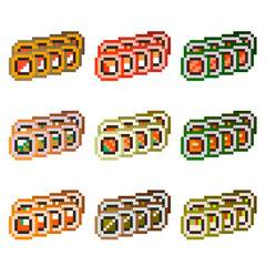 A set of nine pixel images of rolls, different fillings of cheese, shrimp, fish, cucumbers, avocado and more.