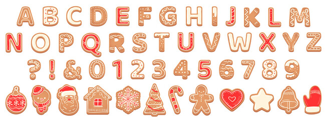 Gingerbread alphabet. christmas cookies and biscuit letters for xmas holiday message. pastry gingerbread english childish font Vector set abc christmas, sweet typeface gingerbread illustration