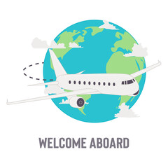 welcome aboard design with plane and planet vector illustration cartoon flat design modern style 