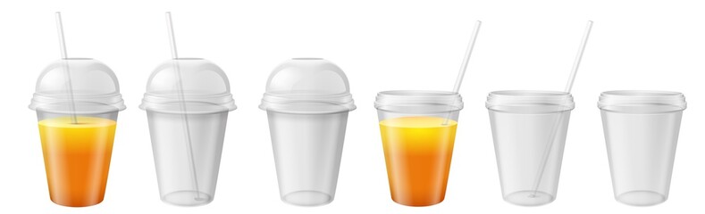 Transparent plastic cup. Takeaway mug with lid and straw. Juice, ice tea and water beverage container realistic vector mockups. Illustration plastic transparent container with dome for tea and juice
