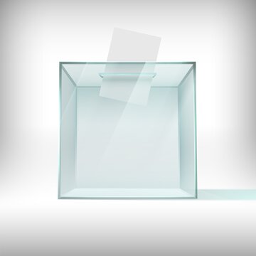 Ballot Box. Glass Transparent Voting Container With Falling Ballot Paper. Survey Plastic Case, Usa 2020 President Election 3d Vector Concept. Container For Poll, Transparent Glass Box Illustration