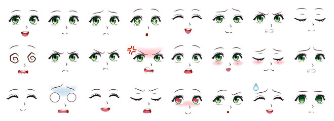 Fototapeta na wymiar Manga expression. Anime girl facial expressions. Eyes, mouth and nose, eyebrows in japanese style. Manga woman emotions cartoon vector set. Illustration character manga facial girl, cute expression