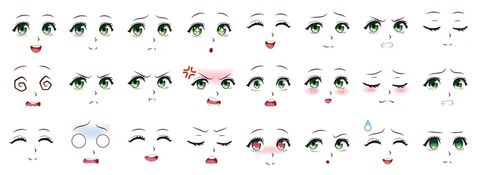 Manga expression. Girl eyes, mouth, eyebrows anime woman faces. Female By  YummyBuum
