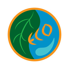 Environmental concept vector illustration, circle with green leaf and water drop inside, flat design, logo template.