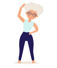 Senior woman doing yoga. Yoga practice. Vector illustration in flat style. Old woman goes in for sports.