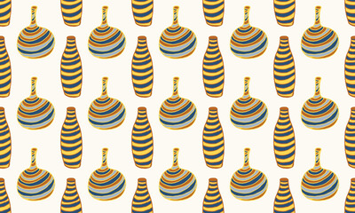 Seamless pattern with striped vases. Hand drawn vector illustration. Beautiful interior element. Cozy home object
