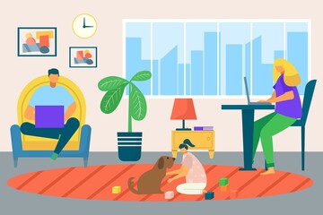 Freelance work home, male, female character working on laptop at home, self employed, home office vector illustration. Workplace in living room. Proffesional freelancers at computer.