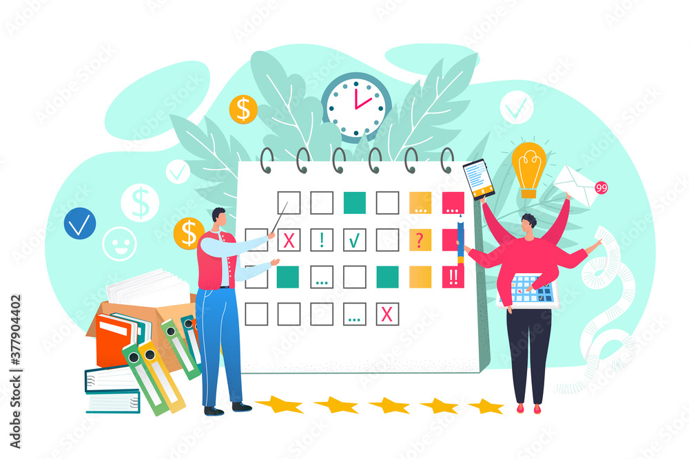 Aufkleber working process vector illustration. teamwork on new project. coworkers, managers at timetable and w