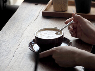 Latte coffee on wooden table ,Coffee CafÃ© on Relax time, Coffee Break