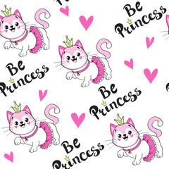 Beautiful kitty ballerina with crown and the inscription be a princess on a white background seamless pattern