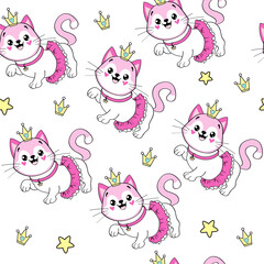 Beautiful pink cat girl in a ballerina skirt and the crown on a white background seamless pattern