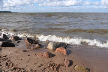 The shore of the Gulf of Finland, Peterhof, September, windy weather, the waves