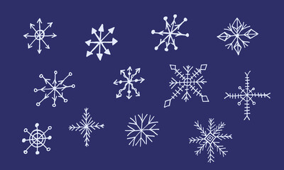 Fototapeta na wymiar Snowflake simple doodle illusatration. Hand drawn snow element isolated on blue background. Winter season, Christmas celebration
