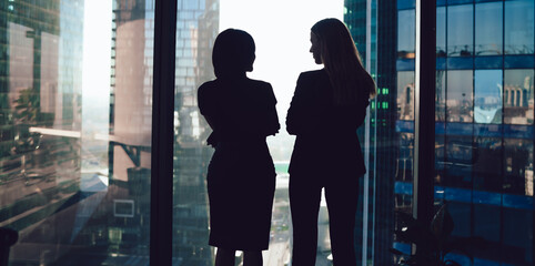 Silhouettes of businesswomen in modern office near window