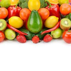 vegetables and fruits isolated on a white background. Free space for text.