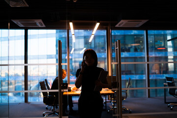 Naklejka na ściany i meble Silhouette of businesswoman talking on mobile phone in workplace