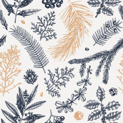 Merry Christmas seamless pattern. With vintage winter flowers, evergreen, conifers plants. Vector design with hand drawn botanical elements.  For wrapping paper, greeting cards, banners, packaging.