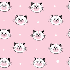 Isolated funny head white cats on a pink background seamless pattern for children