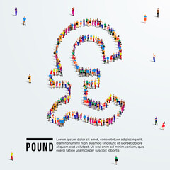 Pound sterling sign. Large group of people form to create British pound sterling sign. Vector illustration. Currency of United Kingdom.
