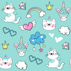 Beautiful unicorn cats, clouds and different unicorn items on a blue background seamless pattern for children