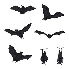 Vector Set of Cartoon Black Bats with Red Eyes.