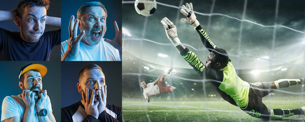 Emotional friends or fans watching football, soccer match on TV, look excited. Fans support,...